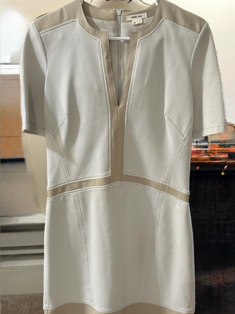 Helmut Lang Cream Dress with Beige lambskin leather trim
